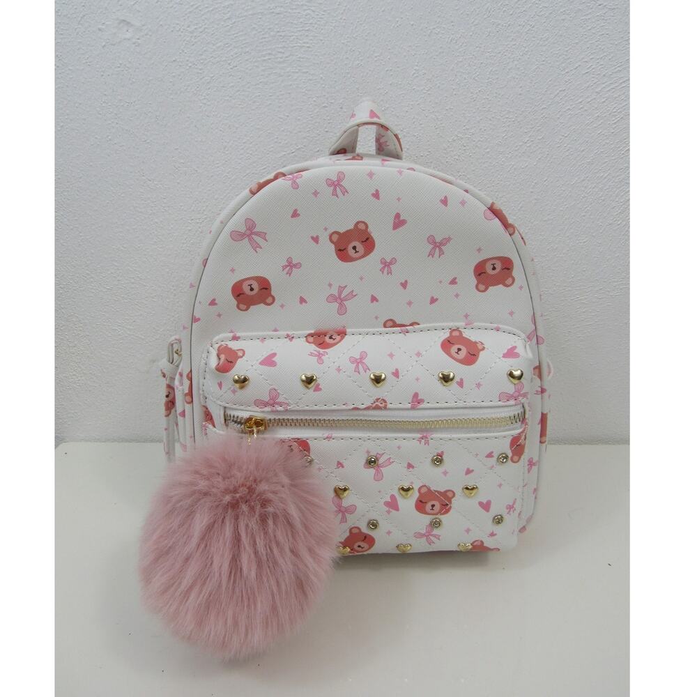 NWT Underonesky White Pink Mini Backpack Bears Bows Hearts Pink Pom Pom